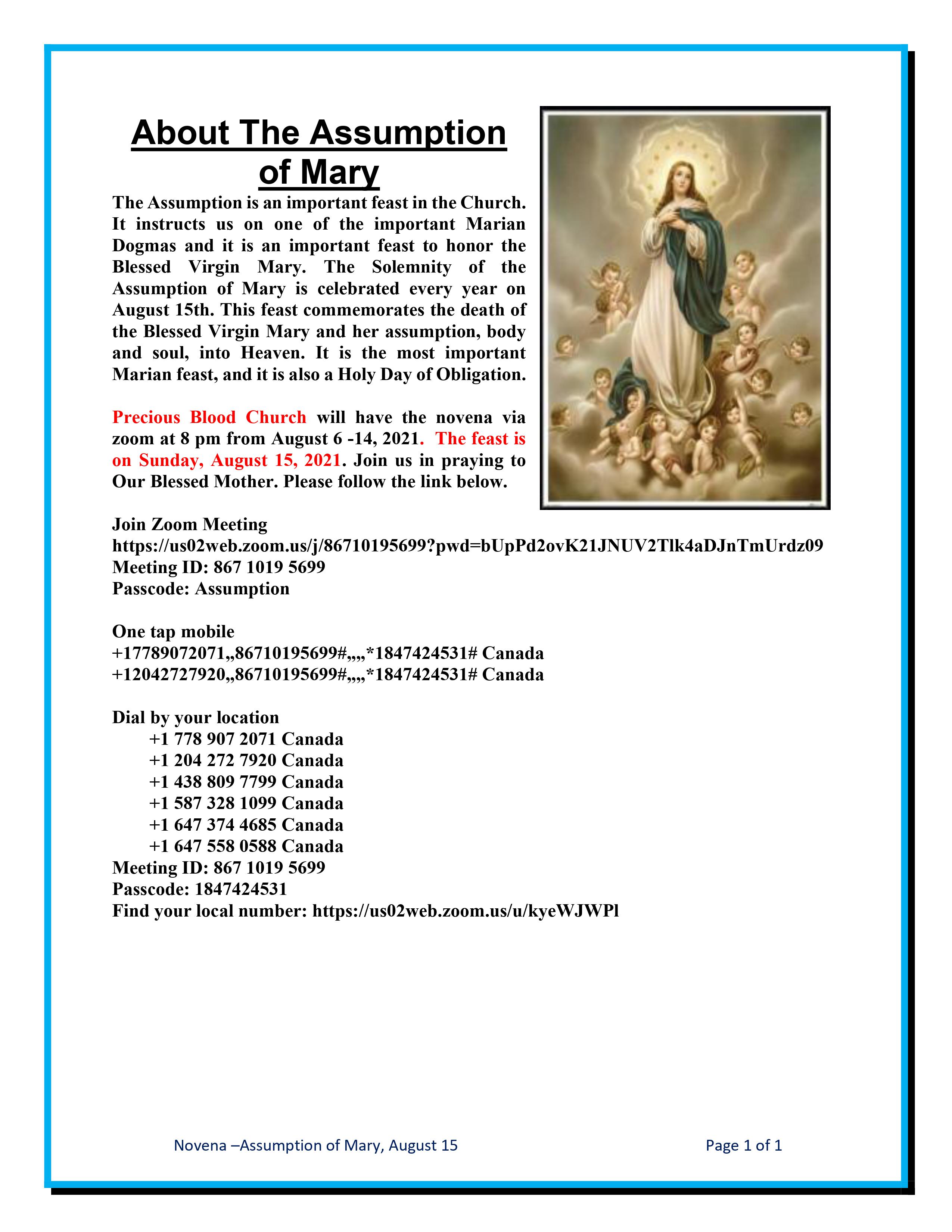 Feast of the Assumption of Mary Novena